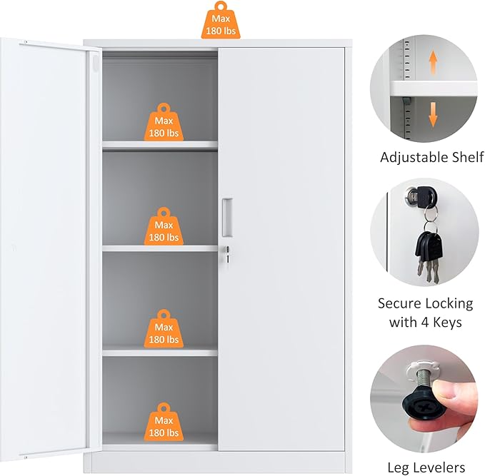 Metal Storage Cabinet with Locking Doors and 3 Adjustable Shelves, 53.5-Inch Lockable Storage Cabinets for Home Office Garage Kitchen Pantry (White)