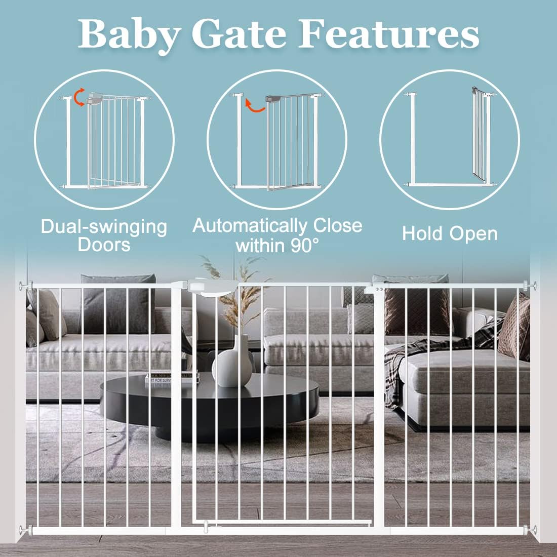 WAOWAO Triple Lock Baby Gate Extra Wide 62.59-67.32" Pressure Mounted Walk Through Swing Auto Close Safety White Metal Dog Pet Puppy Cat for Stairs,Doorways,Kitchen