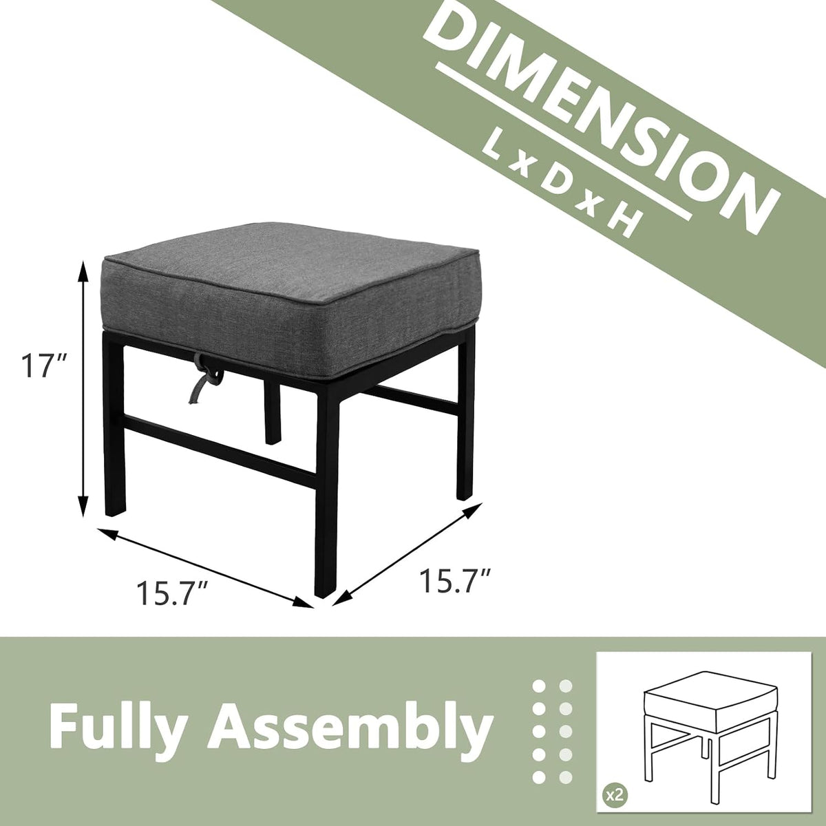 2 Pieces Outdoor Ottomans for Patio, Assembled Aluminum Outdoor Ottoman with Gray Cushions, Aluminum Small Outdoor Foot Stools for Patio Porch Yard Garden Deck, Black Frame