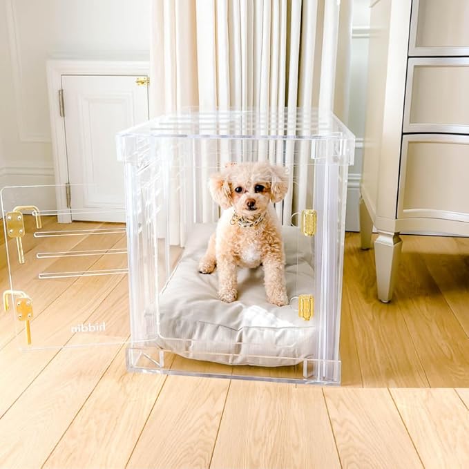 Clear Acrylic Small Dog Crate Furniture with Linen Cushion for Small Dogs up to 22 lbs, 3 in 1 Pet Crate and Gate, Modern Furniture Style Indoor Kennel, Dual Gold Latch, 16 x 24 x 18 in