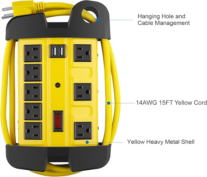 Heavy Duty Power Strip with USB, Workshop 8 Outlet Surge Protector 2700 Joules, Industrial Metal 15Amp Power Strip, 15 FT Extension Cord and Wide Spaced. Yellow