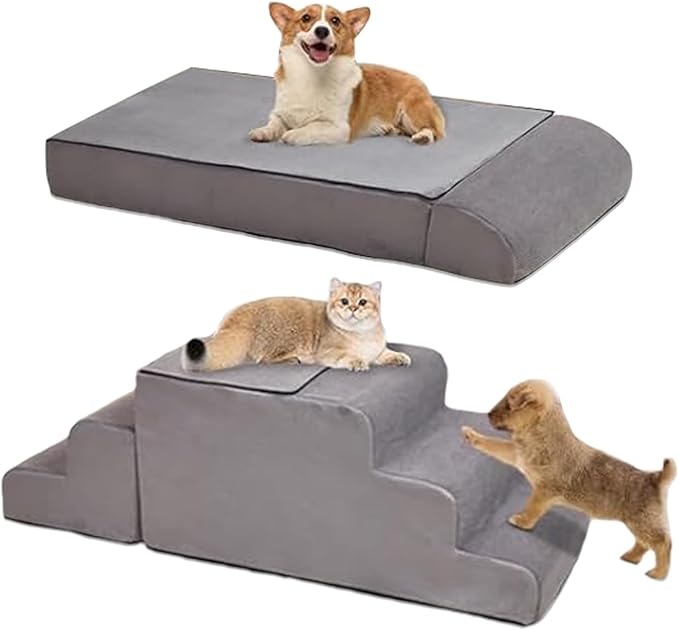 Dog Stairs for High Beds Up to 24-30"，Non-Slip 6 Steps Pet Stairs for Small Medium Dogs & Senior Cat，Washable Cover