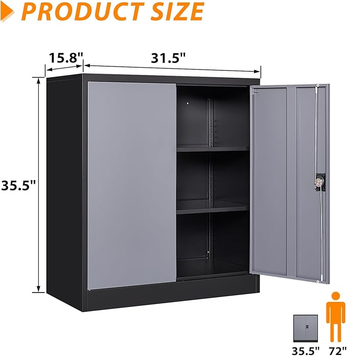 Metal Storage Cabinet, Lockable Storage Cabinet with 2 Doors and Shelves, Metal Cabinet with Lock, Small Lockable Metal Cabinet for Home Office(Black Grey)