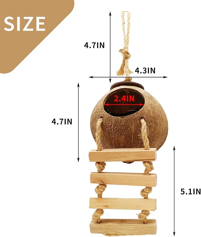 Tfwadmx 4 Pcs Coconut Hide with Ladder, Natural Coconut Fiber Hanging Birdhouse Cage, Coconut Bird Shell Breeding Nest for Parrot Parakeet Lovebird Finch Canary