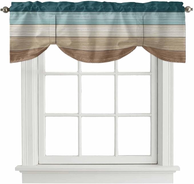 Teal Brown Tie Up Valance Curtains
