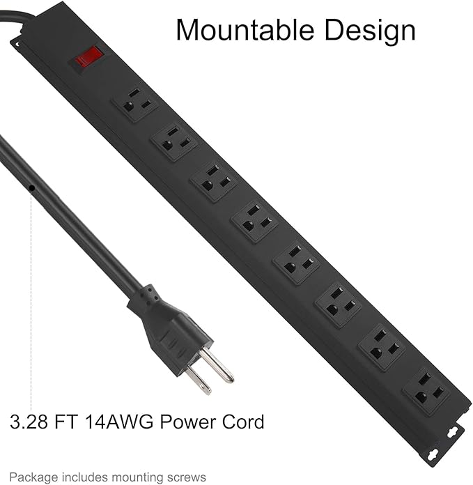 Metal 8 Outlet Mountable Power Strip, Wall Mount Outlet Heavy Duty, Wide Spaced Commercial Shop Power Strip with Switch, 3 FT SJT 14AWG Power Cord.(3FT)