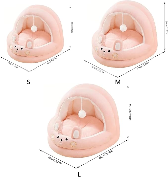 Cat Bed for Indoor Cats, Dog Bed with Anti-Slip Bottom, Rabbit-Shaped Cat/Small Dog Cave with Hanging Toy, Puppy Beds with Removable Cotton Pad, Super Soft Calming Pet Sofa Bed (Pink, Medium)