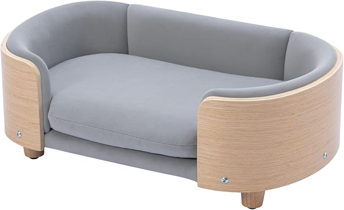 Scandinavian Style Elevated Dog Bed, Pet Sofa with Solid Wood Frame & Walnut Bent Wood Back, Orthopedic Support, Removable Washable Velvet Cover, Small Size, Light Grey