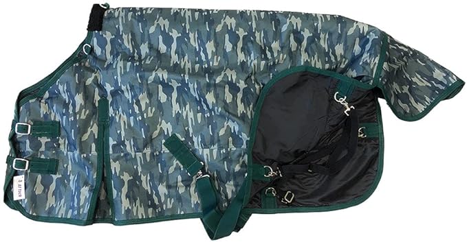 AJ Tack 1200D Waterproof Winter Horse Blanket with Hood - 400g Heavyweight Turnout with Fleece Collar, Shoulder Gussets & Tail Flap - Camouflage 82"