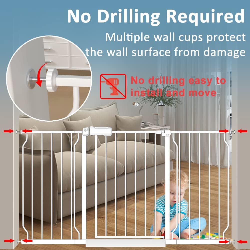 Extra Wide Baby Gate 34-38.5 Inch Wide with Pressure Mounted Extention Kit Walk Through Pet Gate Safety Child Gate for Stairs Doorways Kitchen Living Room