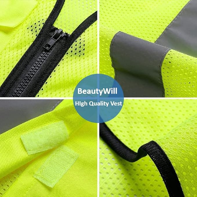 Mesh Safety Vest Custom Logo Class 2 High Visibility Reflective Vest with Pockets Construction Security Work Vest（Yellow，XL）