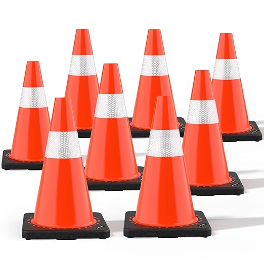 (8 Pack) BATTIFE Traffic Cones 18 Inch with Black Weighted Base, PVC Orange Cone for Traffic Control,Construction Events, Driveway Road Parking Lot