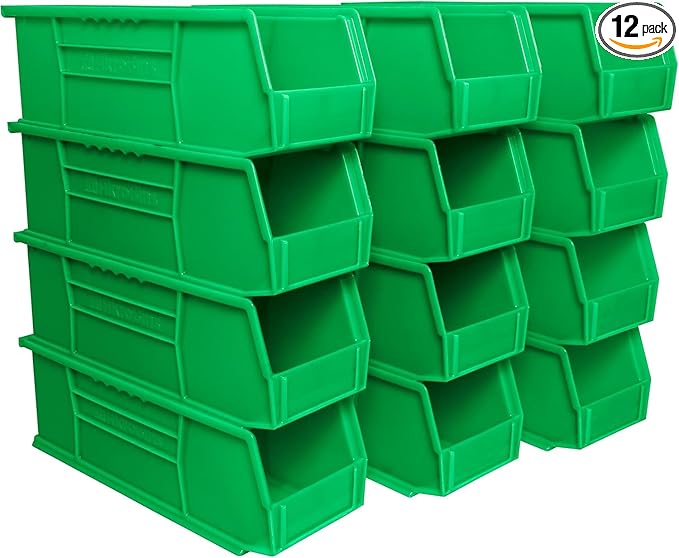 Akro-Mils 30234 AkroBins Plastic Storage Bins, Space-Saving Stackable Bins for Garage, Pantry, Craft Organization, 15" x 5" x 5", Green, 12-Pack