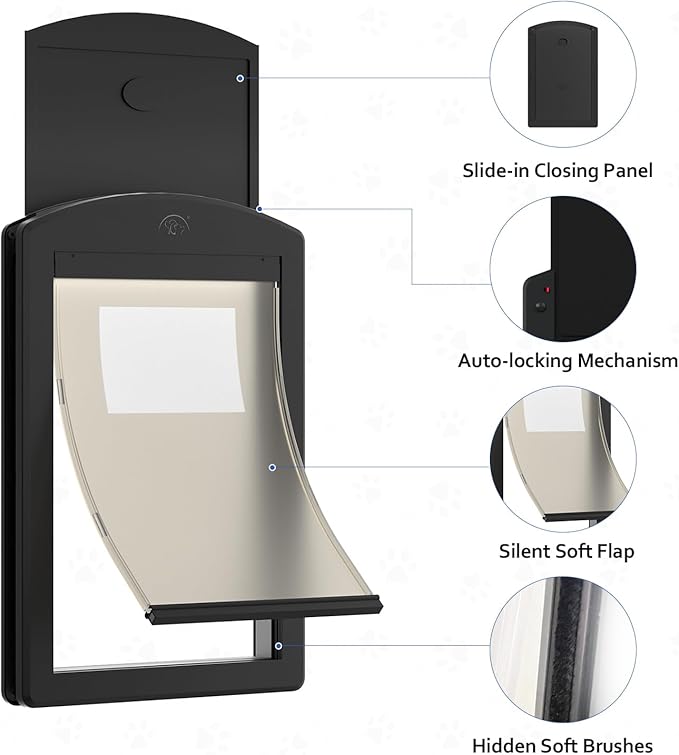 [Classicmacher] Black Frame Dog Doors for Medium Dogs, Strong Plastic Pet Door with Sliding Lock Panel and Magnetic Soft Flap, Doggy Door for Door, Doggie Door (Medium, Mattle Black)