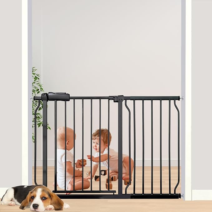 Extra Wide Baby Gate - 43.3-48 Inch Tension Mounted Safety Child & Pet Gate - Black Metal - Walk Through - Long - for House Doorways & Stairs, 30 Inch Tall