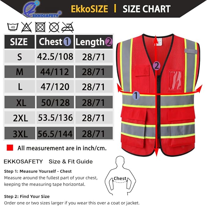 Reflective Mesh Safety Vest for Men Women with 5 Pockets and Zipper Front High Visibility Mesh Vest Hi Vis Construction Work Vest,Meets ANSI/ISEA Standards(EK175-Red-3XL)