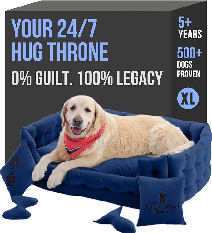 Luxury Dog Bed Chesterfield – Handcrafted Velvet Throne for Dogs | Joint Support, Calming & Temp-Regulating Comfort | Durable 5+ Years, Anti-Claw, Washable 100+ Times – XL, Blue
