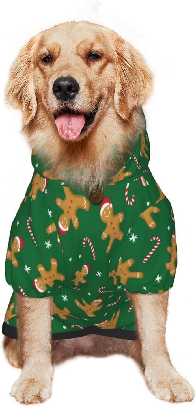 Green Christmas Gingerbread Men Candies Hoodie,Christmas Cosplay Dog Clothes with Pocket and Hat Winter Clothes Sweaters Small
