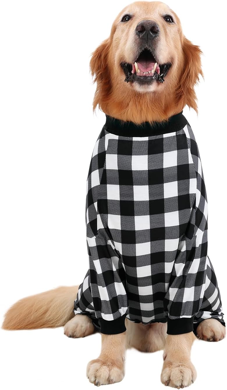 HDE Dog Pajamas One Piece Jammies Jumpsuit Pet Clothes Outfit Stretchy Lightweight Comfy Shirt Pjs for M-3XL Dogs Black & White Buffalo Plaid - L