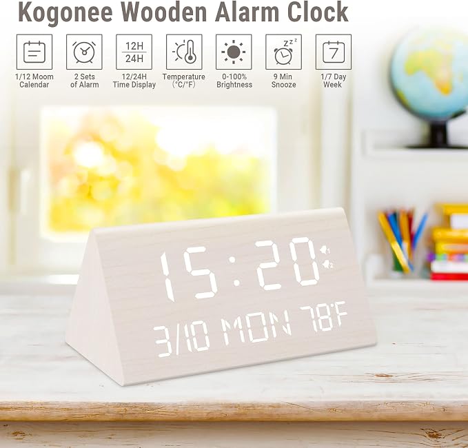Kogonee Wooden Digital Alarm Clock, 0-100% Dimmer, 2 Alarm Settings,