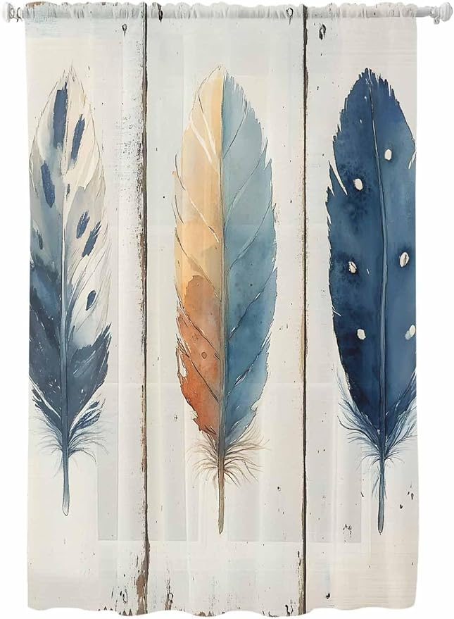 Sheer Curtains 72 Inches Long, Boho Ombre Vintage Wooden Grain Privacy Voile