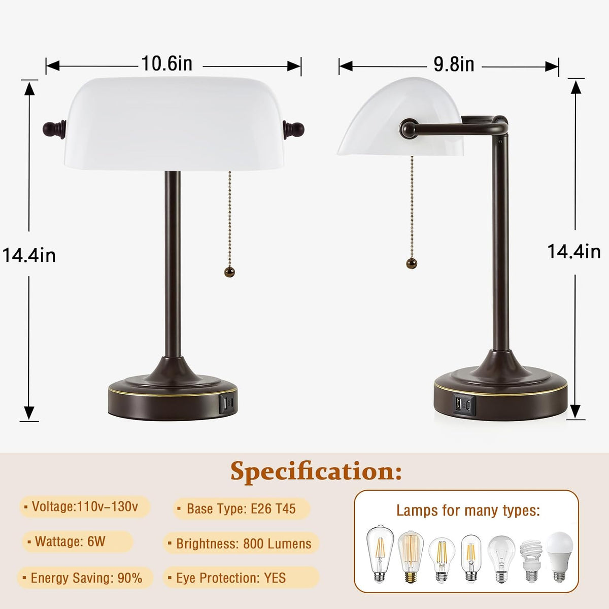 Vintage Desk Lamp Bankers Lamp - Plastic Lampshade Brown Retro Table Lamp with USB & Type C Charging Ports Traditional Library Lamp for Home Office Bedroom Nightstand Side Table Lamp(Bulb Included)