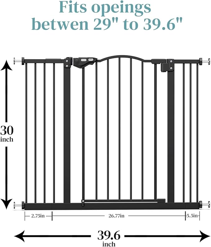InnoTruth 29-39.6”Baby Gate for Stairs & Doorways,30" Tall Dog Gate for Pets,Dual-Lock Safety and One Hand Opening Design,Pet Gate for Hallways,Outdoors,Wall-Friendly Pressure Mounted, Pure Black
