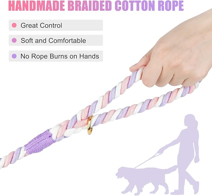 Dog Leash 5 FT Handmade Braided Cotton Rope Leashes for Small Medium and Large Dogs, New Golden Heavy Duty Metal Clasp, Unicorn Purple