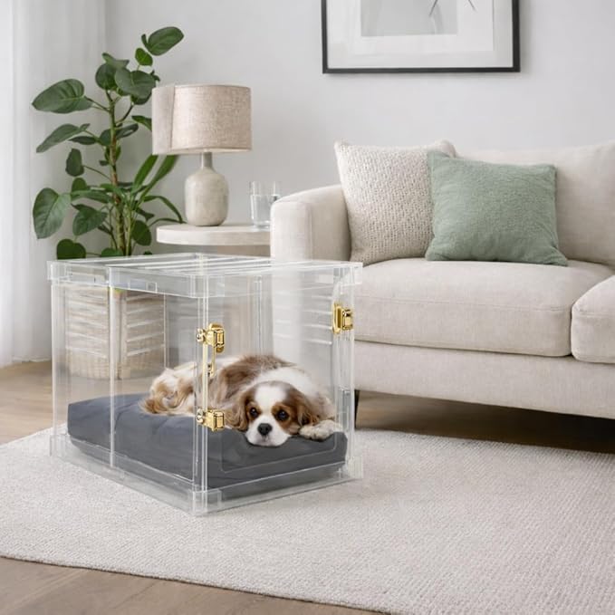 Clear Acrylic Small Dog Crate Furniture with Charcoal Cushion for Small Dogs up to 22 lbs, 3 in 1 Pet Crate and Gate, Modern Furniture Style Indoor Kennel, Dual Gold Latch, 16 x 24 x 18 in