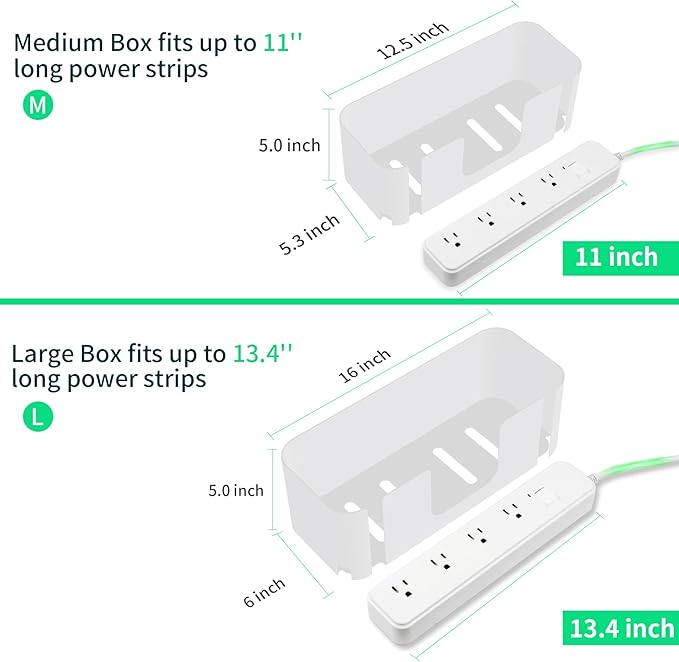 Cord Organizer Box, Cable Hider for Power Strips, Surge Protector, Extension Cord and Wire Management, Cable Management Box (2PCS/Large and Medium Size/White)