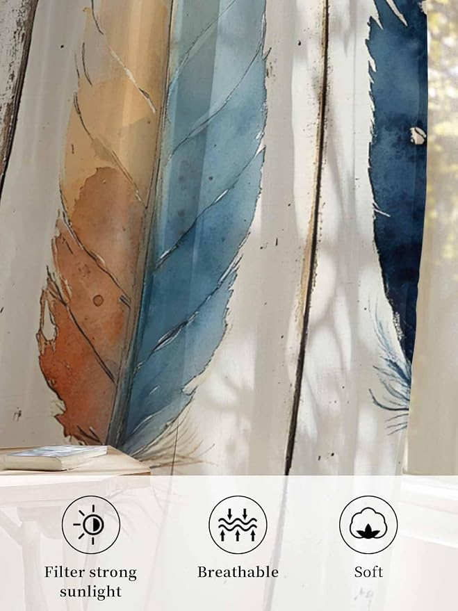 Sheer Curtains 72 Inches Long, Boho Ombre Vintage Wooden Grain Privacy Voile