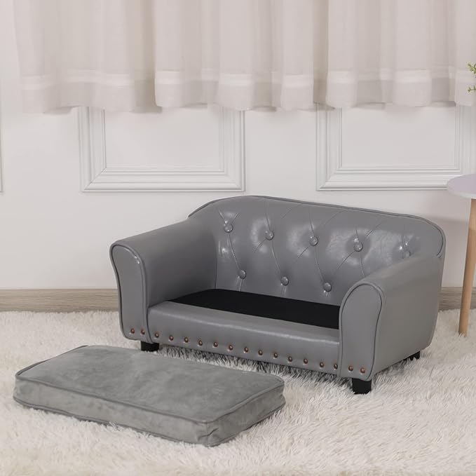 Dog Couch,Puppy Bed,Cat Sofa,Cat Couch,Pet Sofa,Dog Chair,Small Pet Bed,with Copper Nail and Wooden Frame, Leather Fabric and Cushion,for Small Animals Using (Grey)