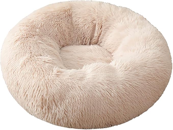 Calming Faux Fur Dog Beds Calming Donut Cuddler Dog Bed Washable Round Cat Bed Pillow Cuddler Fluffy Indoor Dog Calming Beds with Anti Slip Bottom Solid Color Beige 35 Inch