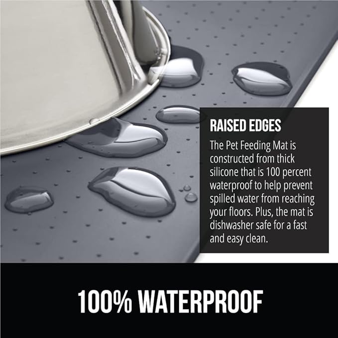 GORILLA GRIP 100% Waterproof Raised Edge BPA Free Silicone Pet Feeding Mat, Dog Cat Food Mats Contain Spills Protects Floors, Placemats for Cats and Dogs Water Bowl, Pets Accessories 16x10, Gray