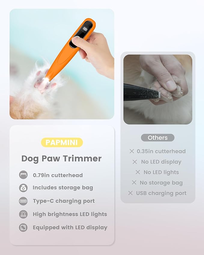 Dog Paw Trimmer with LED Display, Ultra-Low Noise Cordless Paw Trimmers for Dog's Feet, Cordless Hair Trimmer for Paws, Ears, Face, Rump