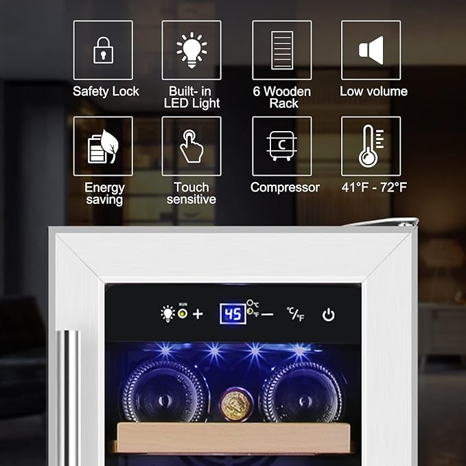 Tylza 12" Wine Cooler Refrigerator, 18 Bottles Capacity, Compact Freezerless, Temperature Stability, Low Noise, Double-Layer Tempered Glass Door