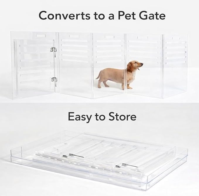 Clear Acrylic Medium Dog Crate Furniture with Linen Cushion for Medium Dogs up to 40 lbs, 3 in 1 Pet Crate and Gate, Modern Furniture Style Indoor Kennel, Dual Silver Latch, 20 x 30 x 22 in