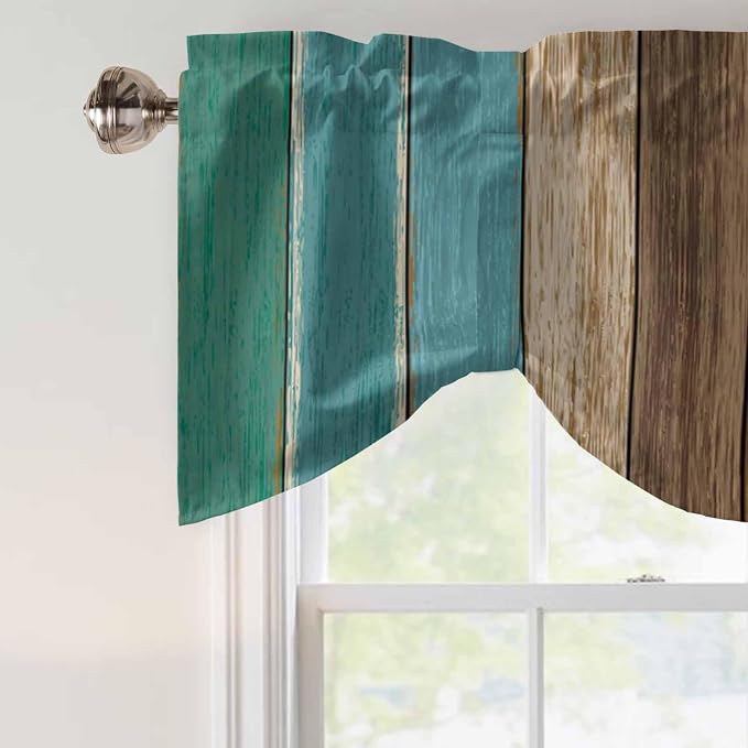 Teal Blue Brown Tie Up Valance Curtains