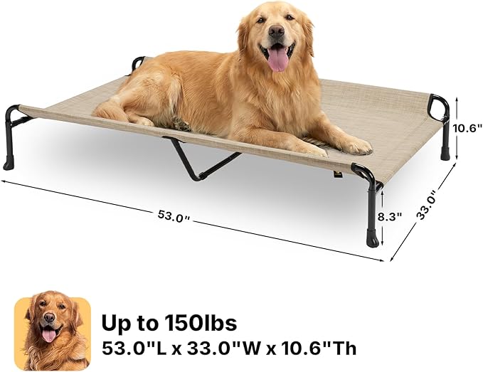 Veehoo Outdoor Dog Bed, 53" XXL Raised Dog Bed, Elevated Dog Bed with Headrest Sides, Washable Cooling Dog Cot with Non-Skid Feet, Breathable Mesh, Portable Pet Hammock for Indoor or Camping, Beige