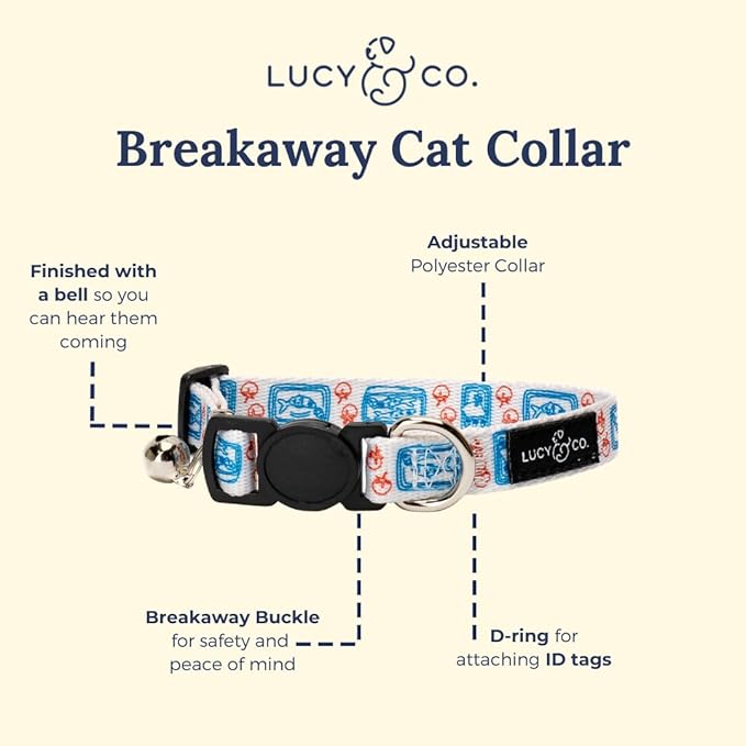 Lucy & Co. Tinned Fish Breakaway Cat Collar with Bell – Designer Print Adjustable Safety Collar for Cats, Kittens & Small Dogs, Lightweight Pet Collar for Boy & Girl Cats – Small