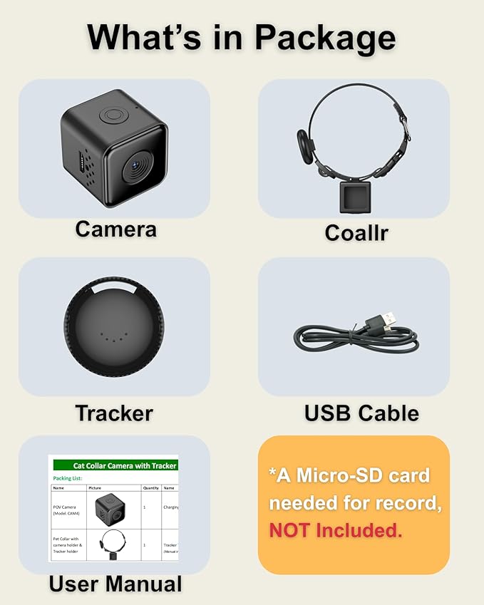 Cat Camera Collar with Tracker Tag, 1080P HD Video Recording Pet POV Cam, NO WiFi NO APP, Body Camera for Cat/Dog Tracking — Lightweight, Night Vision, Easy Playback