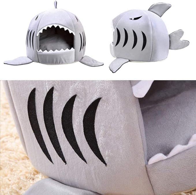 Shark Shaped Pet Dog Puppy Bed Warm Cat Bed House Nest for Autumn Winter Grey L
