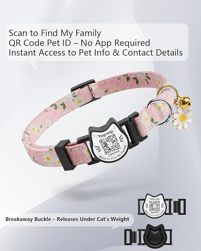 Cute Floral Breakaway Cat Collar with QR Code ID Tag, Soft Cotton Adjustable Kitten Collar with Bell, Personalized Scan ID for Cats, Daisy Pattern,Flower Pendant (Pink)