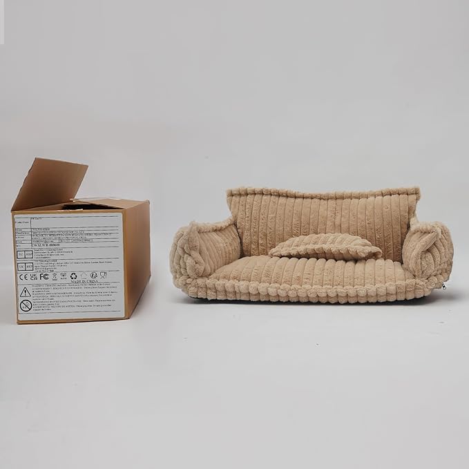 Pet Couch Bed for Dog and Cat, Plush Calming Couch for Pets with Removable Washable Cover, Modern Sofa Style Pet Bed for Home Living Room (Camel Color)