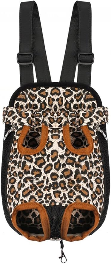 Pet Dog Puppy Cat Carrier Five Holes Backpack Double Shoulder Straps Canvas Cotton Front Chest Backpack Bag(Leopard, Medium)