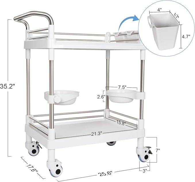 Mobile Utility Cart with Wheels Professional Medical Trolley Cart 220 Lbs Load Plastic and Stainless Steel Esthetician Storage Cart with Basins and Kegs for Beauty Salon Hospital Clinic Home