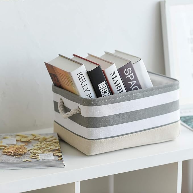 TheWarmHome Storage Basket Fabric Basket with Handles Dog Toy Basket Cloth Storage Bin Shelf Basket Decorative Storage Basket Shoe Basket Gift Basket(Grey&White Stripes-1 Pack,15.7L×11.8W×8.3H)