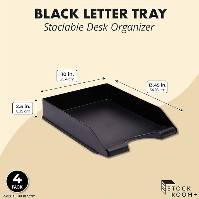 Stockroom Plus Letter Tray - Stackable Desk Organizer Trays - Desktop File Organizer - Mail & Document Storage - Pack of 4, Black, 10 x 13.5 x 2.5 in