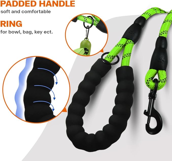 Taglory Rope Dog Leash 6 FT with Comfortable Padded Handle, Highly Reflective Threads Leash and Anti-Tangle Clip for Walking Medium Large Dogs, 1/2 inch, Green