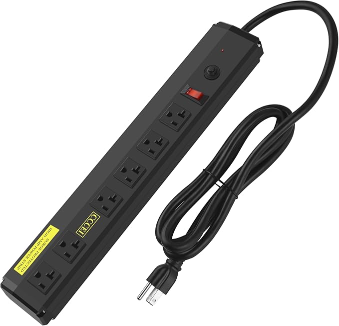 CCCEI Heavy Duty Power Strip Surge Protector 20 Amp, High Amp Industrial Shop Garage Metal Multiple Outlets, 10 FT 12 Gauge 5-15P Extension Cord 6 Outlet 6-20R T-Slot 20a for Appliance. Black.